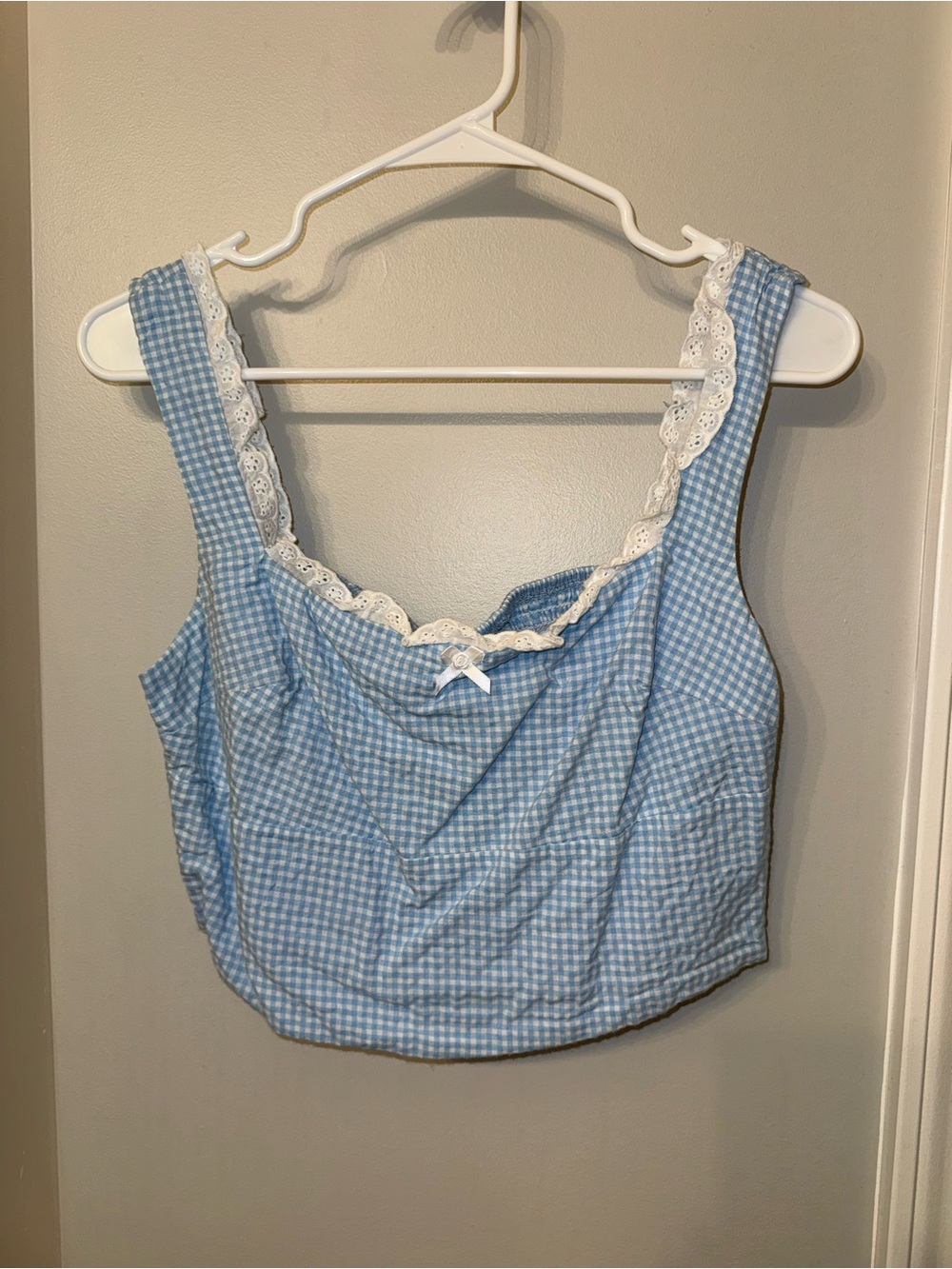 Hello Molly Playful Patchwork Gingham Crop Top in Blue